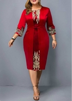 ROTITA 3/4 Sleeve Red Faux Two Piece Plus Size Dress