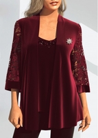 ROTITA 3/4 Sleeve Red Lace Stitching Coat and Camisole Top