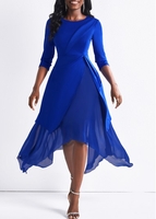 ROTITA 3/4 Sleeve Royal Blue Asymmetric Hem Dress
