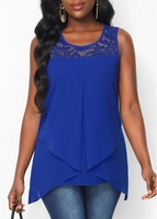 ROTITA Asymmetric Hem Royal Blue Lace Stitching Tank Top
