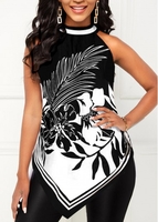 ROTITA Bib Neck Black Floral Print Tank Top