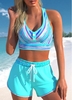Rotita Bikini Swimsuit With Shorts Criss Cross Cyan Multi Stripe Print Bikini Set - XXL