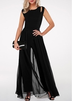 Rotita Black Chiffon Overlay Jumpsuit High Waist Round Neck Chiffon Overlay Black Jumpsuit - S