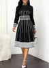 Rotita Black Long Sleeve Midi Fit And Flare Dress Geometric Print Long Sleeve Mock Neck Dress - M