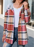 ROTITA Button Plaid Multi Color Hooded Long Sleeve Coat