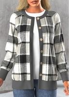 ROTITA Button Tartan Print Dark Grey Round Neck Coat