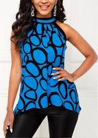 ROTITA Circle Print Bib Neck Blue Tank Top