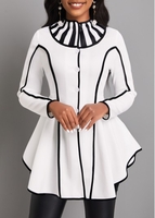 ROTITA Contrast Binding Striped White Stand Collar Coat