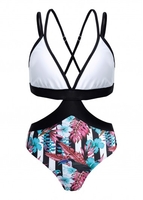 Rotita Cross Strap Floral Print Contrast One Piece Swimwear - S