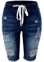 ROTITA Drawstring Waist Shredded Denim Blue Shorts