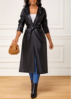 ROTITA Faux Leather Black Belted Lapel Long Sleeve Coat