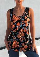 ROTITA Floral Print Lace Stitching Black Tank Top
