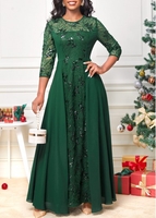 ROTITA Lace Sequin Blackish Green Round Neck Maxi Dress