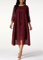 ROTITA Lace Stitching Chiffon Pearl 3/4 Sleeve Dress