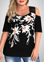 ROTITA Lace Stitching Floral Print Plus Size T Shirt