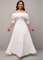 ROTITA Lace Stitching Flounce Off Shoulder White Dress