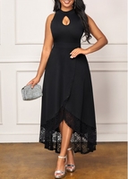 ROTITA Lace Stitching Keyhole Neckline Black Crossover Hem Dress