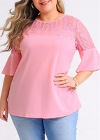 ROTITA Lace Stitching Light Pink Plus Size T Shirt