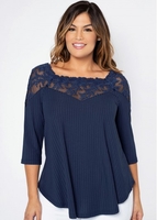 ROTITA Lace Stitching Plus Size Square Collar T Shirt