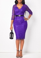 ROTITA Lace Stitching Purple 3/4 Sleeve V Neck Dress