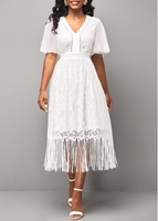 ROTITA Lace Stitching White V Neck Butterfly Sleeve Dress