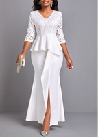 ROTITA Lace Trim Peplum Waist White Maxi Dress