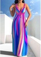 ROTITA Lace Up Multi Stripe Print Blue Maxi Dress