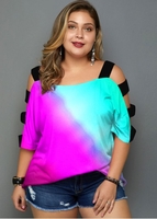 ROTITA Ladder Cutout Colorful Plus Size T Shirt