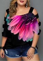 ROTITA Ladder Cutout Plus Size Floral Print Black T Shirt