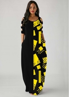 ROTITA Ladder Cutout Sleeve Geometric Print Side Pocket Maxi Dress