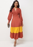 ROTITA Lantern Sleeve Contrast Split Neck Dress