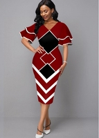 ROTITA Layered Bell Sleeve Geometric Print V Neck Red Dress