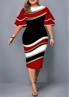 ROTITA Layered Bell Sleeve Plus Size Geometric Print Dress