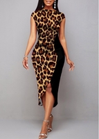 ROTITA Leopard Boat Neck Short Sleeve Dress