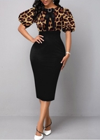 ROTITA Leopard Puff Sleeve Bowknot Bodycon Dress