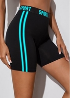 ROTITA Letter Print Striped High Waisted Swim Shorts