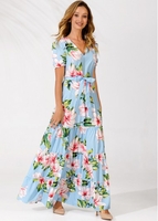ROTITA Light Blue Floral Print Belted V Neck Tiered Dress