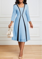 ROTITA Light Blue Square Neck Pleated Dress