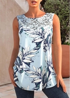 ROTITA Light Green Leaf Print Lace Stitching Tank Top