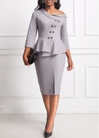 ROTITA Light Grey Asymmetrical Neck 3/4 Sleeve Bodycon Dress