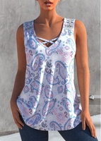 ROTITA Light Purple Paisley Print Lace Stitching Tank Top