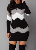 ROTITA Long Sleeve Chevron Pattern Mock Neck Sweater Dress