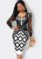 ROTITA Long Sleeve Chevron Print Mesh Stitching Dress