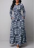 ROTITA Long Sleeve Geometric Print Turndown Collar Dress