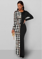 ROTITA Long Sleeve Houndstooth Print Round Neck Dress