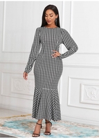ROTITA Long Sleeve Houndstooth Print Round Neck Mermaid Dress