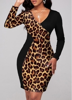 ROTITA Long Sleeve Leopard Cross Front Dress