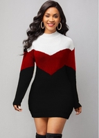 ROTITA Long Sleeve Mock Neck Contrast Sweater Dress