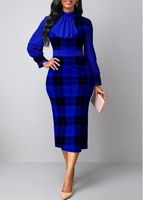 ROTITA Long Sleeve Plaid Mock Neck Blue Dress