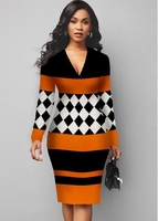 ROTITA Long Sleeve Plaid V Neck Sweater Dress
